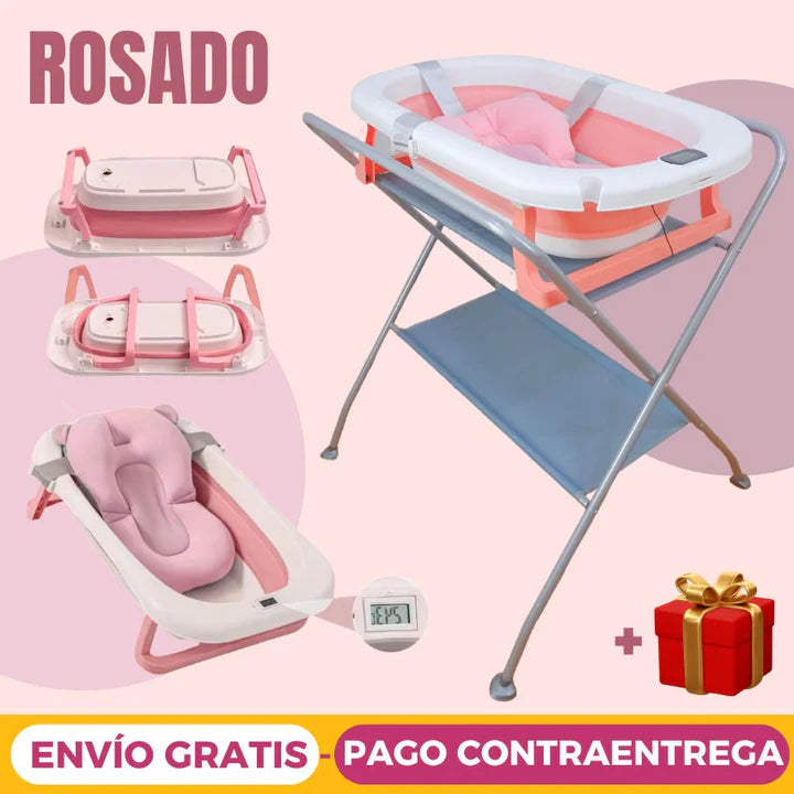 Bañera Plegable Con Soporte Alto, Cojín Acolchado y Termómetro